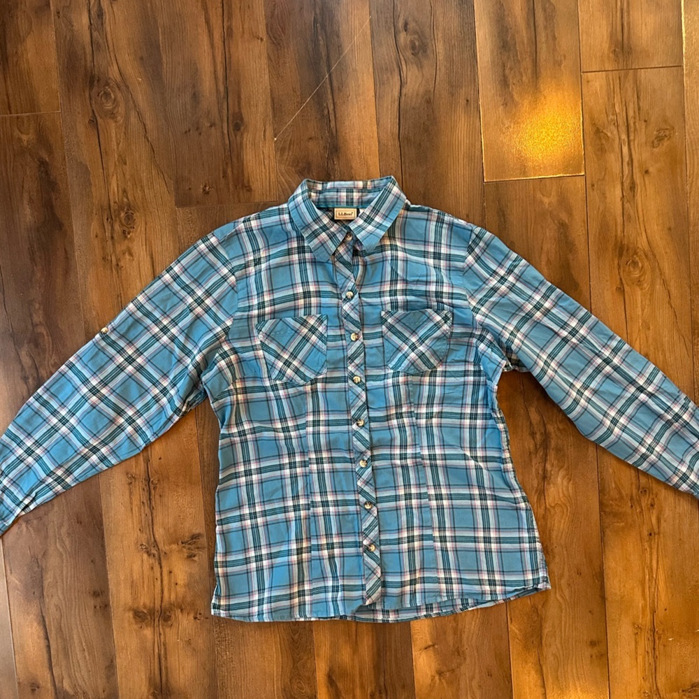 L.L.Bean Womens Plaid Flannel Shirt Small Teal Blue Button Down Classic - Picture 4 of 5